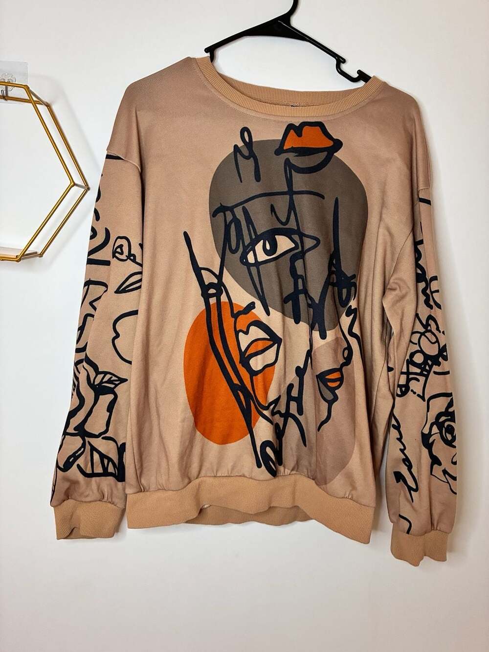 SHEIN Abstract Face and Line Art Graphic Print Crew Neck Sweatshirt Size Large